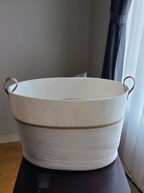 Cream and Tan Woven Storage Basket with Faux Leather Handles